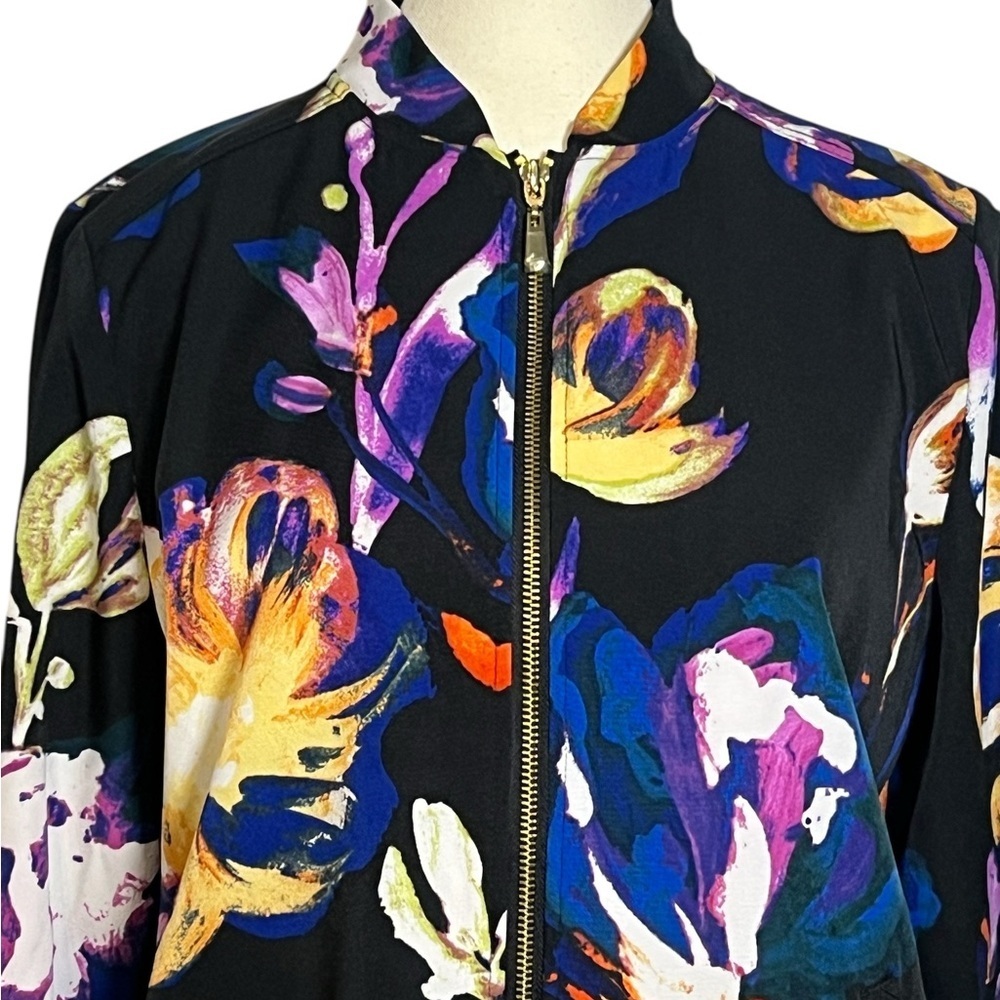 Susan Graver Floral Print Full Zip Bomber Jacket Gold tone zipper pockets Small - Picture 3 of 9